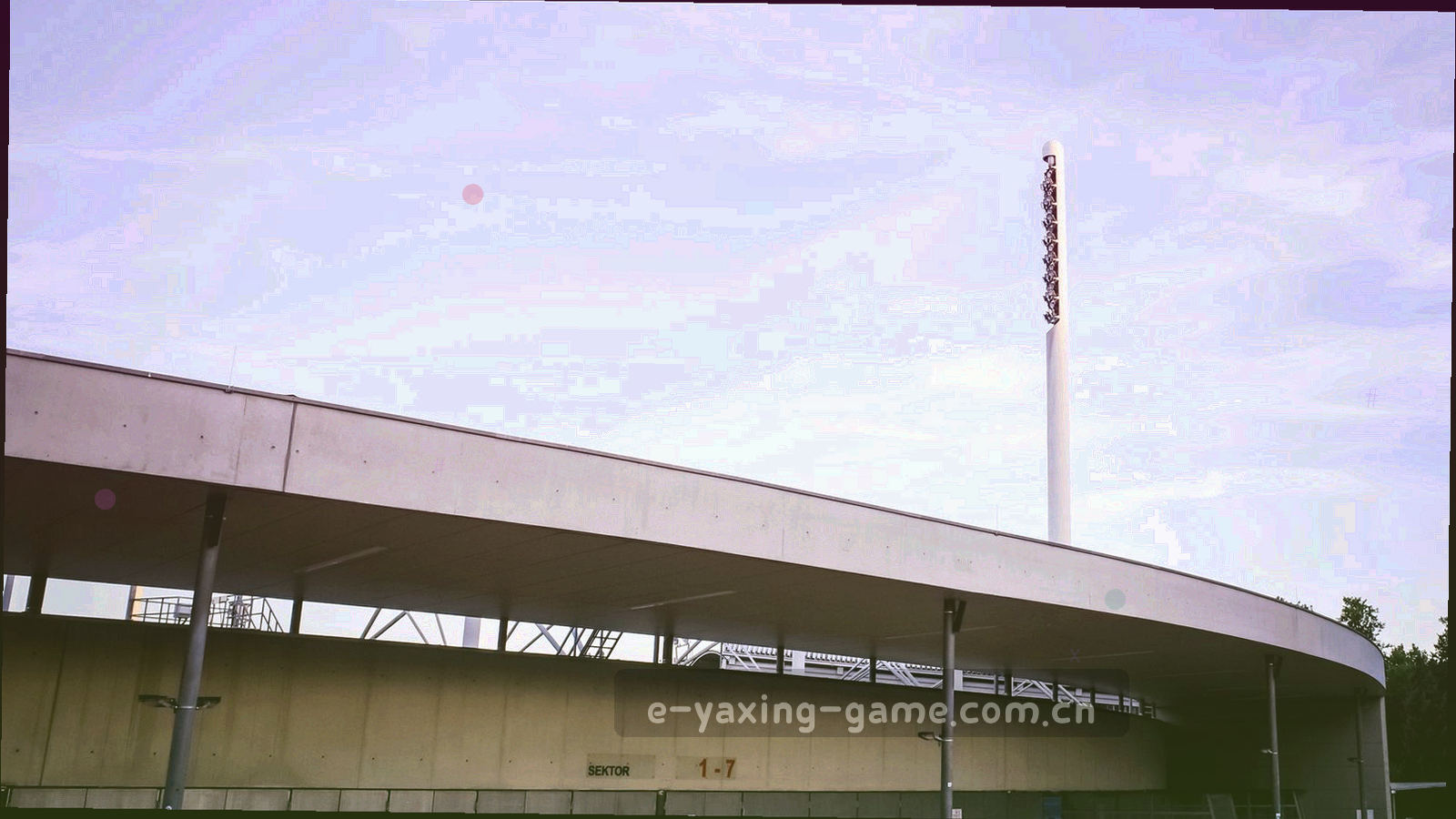 深夜球场空看台与仍然亮着的灯柱，冷色调，画面中没有人物面孔